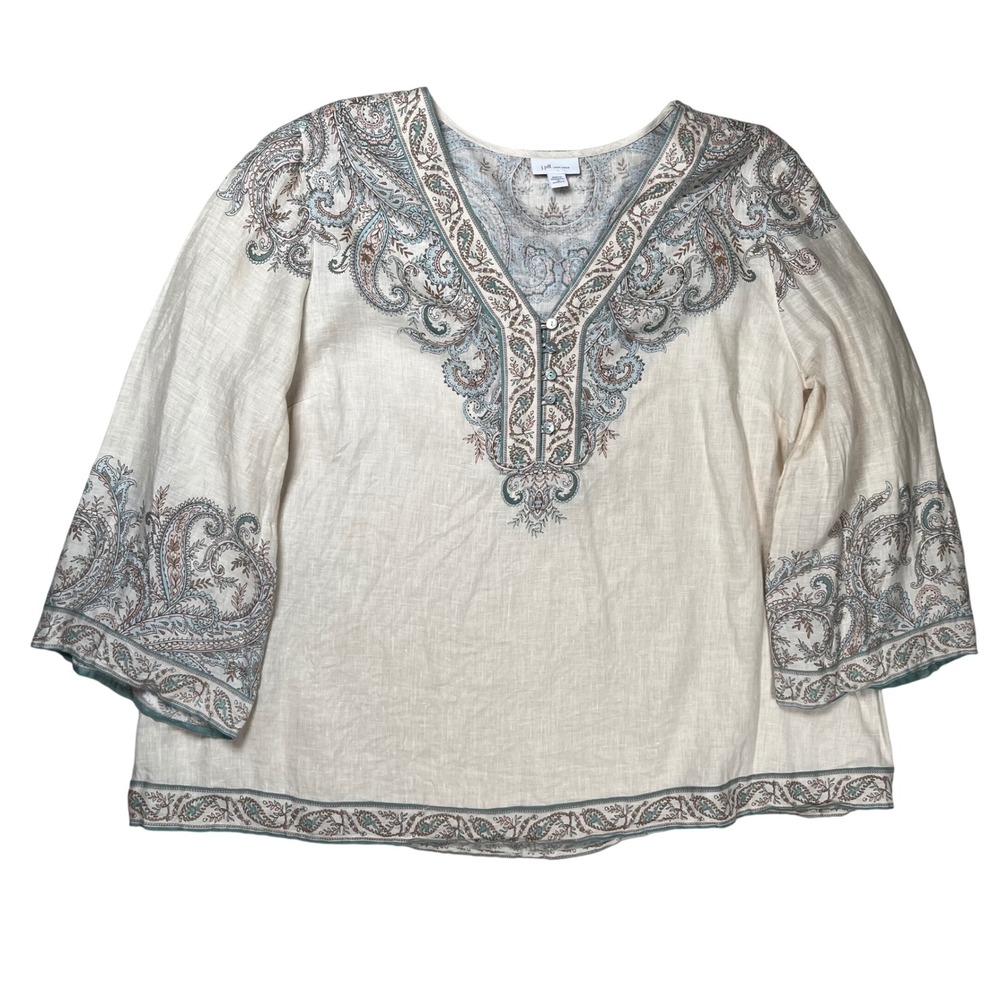 J. Jill Paisley Linen Tunic Womens 1X Cream Blue Boho 3/4 Bell Sleeve Top - Picture 2 of 8